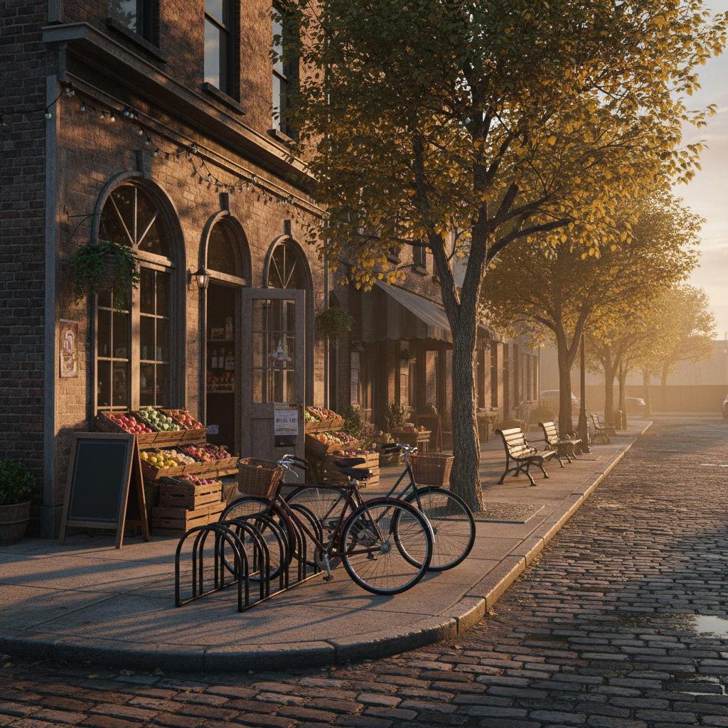 GTA neighbourhood lifestyle scene with cafe grocery access and evening light