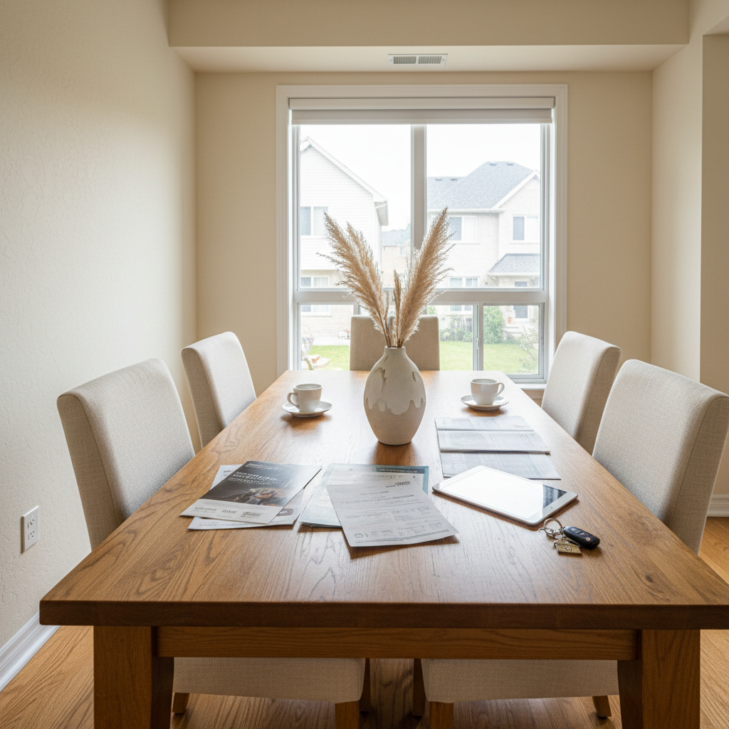 Warm staged GTA townhome dining room with natural light