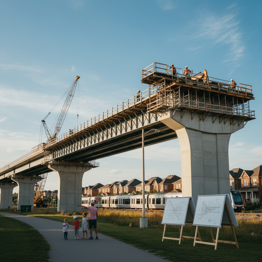 Eastern GTA bridge and commuter rail construction with nearby homes and families