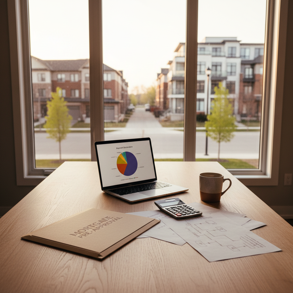 Modern Ontario kitchen table with mortgage planning folder and sunrise streetscape