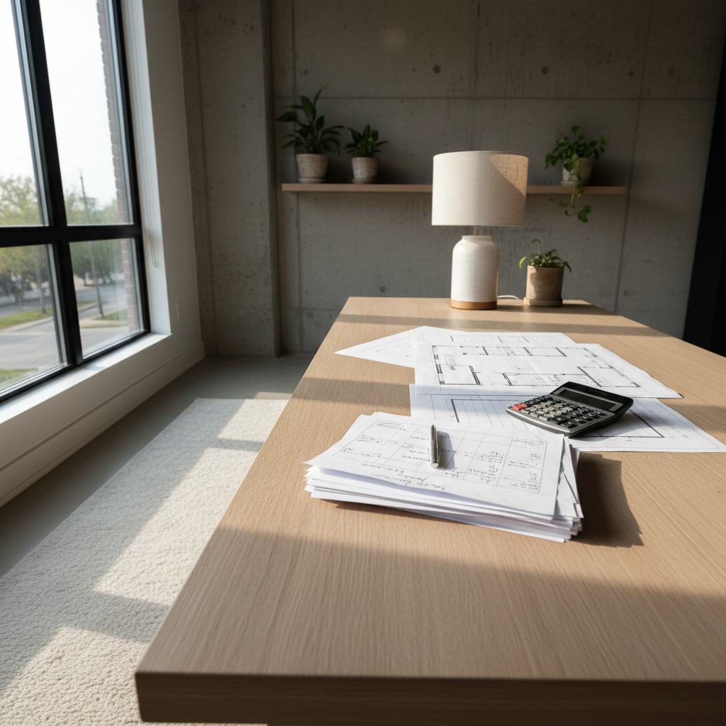 Mortgage planning desk with floor plans and calculator in a warm Ontario home