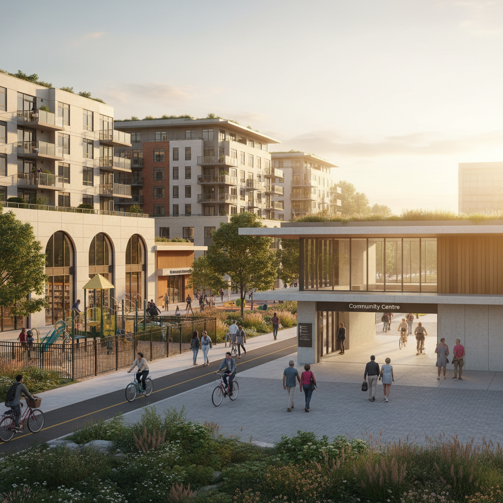 Oakville-inspired transit-oriented community with daily amenities and public space