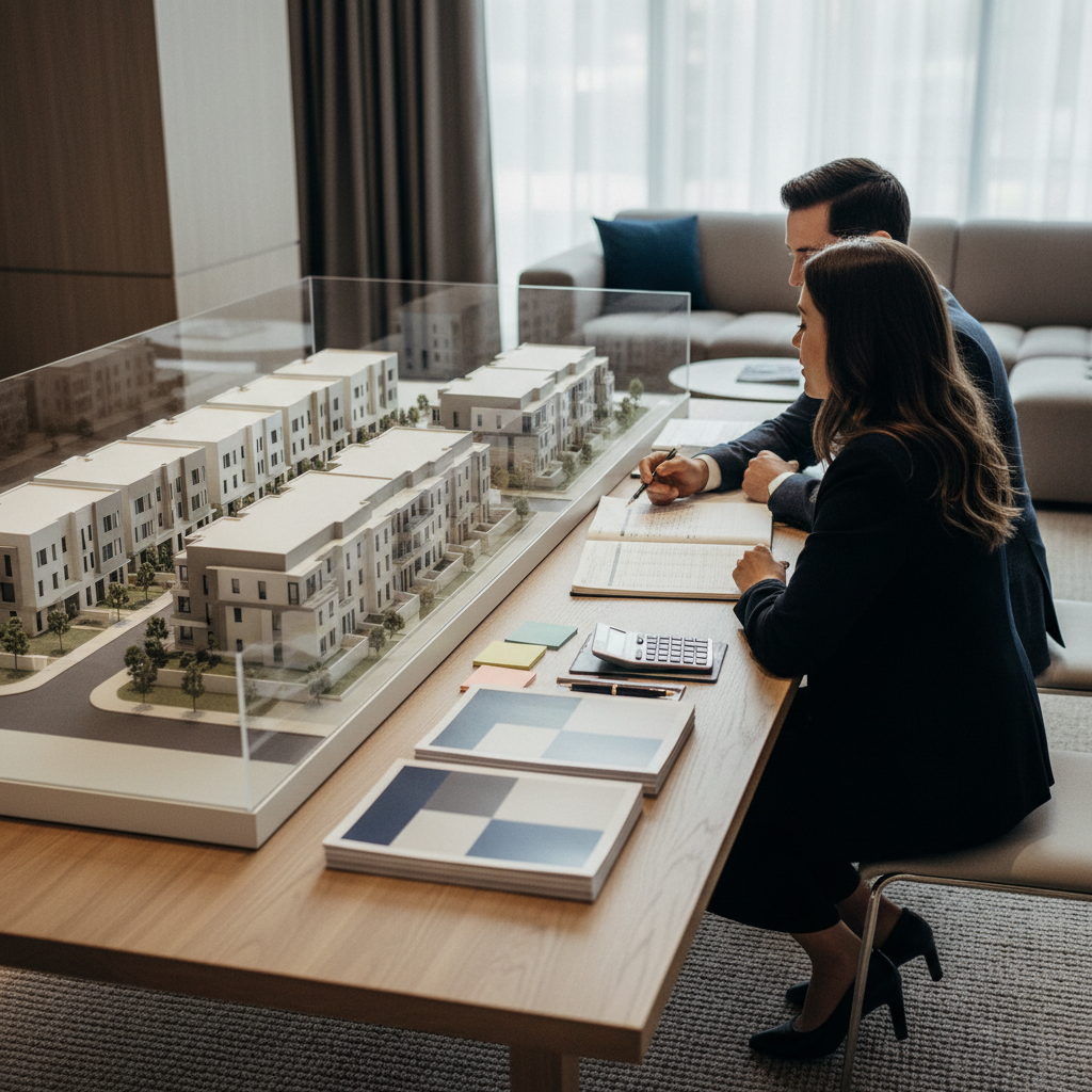 Ontario pre-construction sales centre with architectural model and buyers reviewing numbers