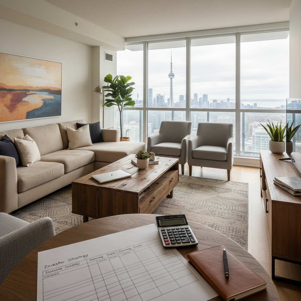 Staged Toronto condo living room with investment planning details