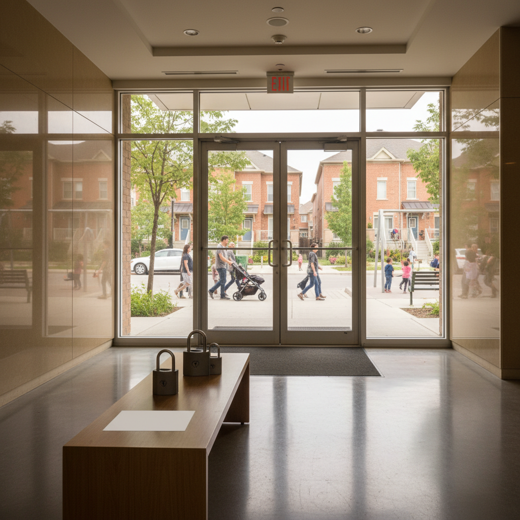 Modern condo lobby contrasted with lively low-rise family neighbourhood outside