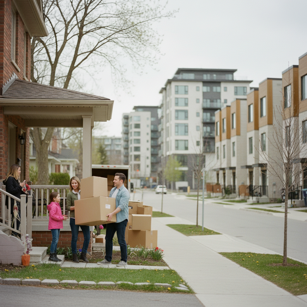 Cinematic Ontario residential street with moving family and calm townhomes