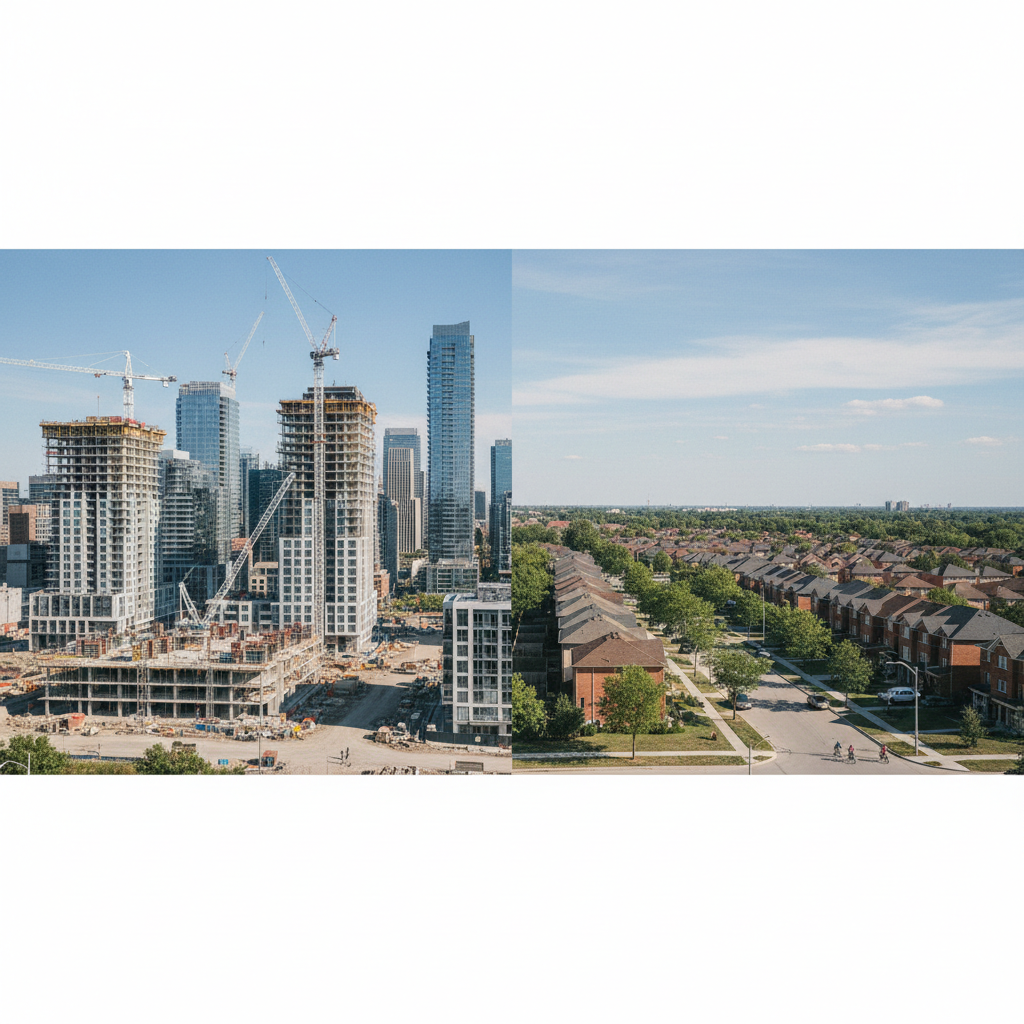 Ontario construction cranes transitioning into low-rise family neighbourhoods