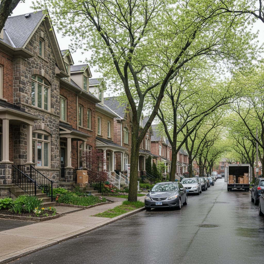 Quiet GTA residential townhome street in spring light