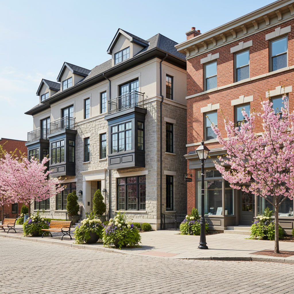 Unionville inspired main street and townhome setting in natural light