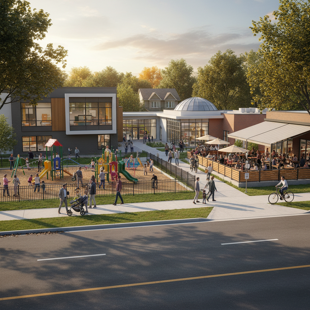Vibrant Ontario main street community with schools daycare library parks and families